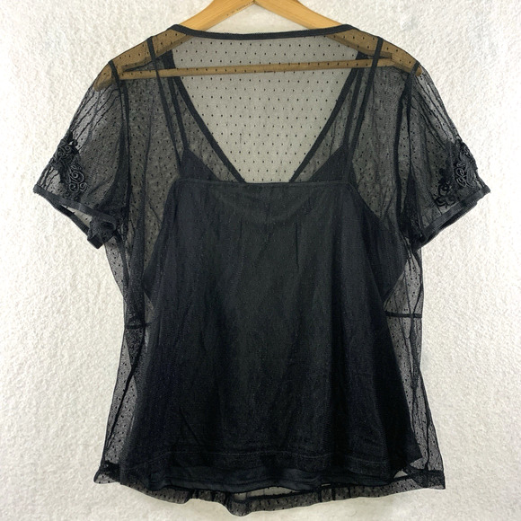 Womens Sheer Mesh Overlay Babydoll Top Sz L Crochet Y2K Dark Romantic Whimsigoth - Picture 4 of 10